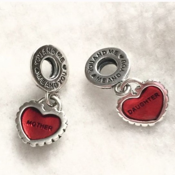 Jewelry - Authentic Pandora red enamel mother and daughter heart, 2 piece dangle charm